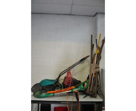 A BOSCH ROTAK 340ER ELECTRIC LAWN MOWER with grass box, a Black and Decker GL687 strimmer and a quantity of garden tools