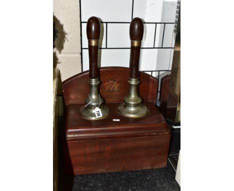 A GASKELL &amp; CHAMBERS 'DALEX' BEER ENGINE, circa 1930's, two hand pulls mounted in a wooden frame, width approximately 40c