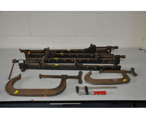 FOUR RECORD 70CM LONG SASH CLAMPS, a Lion No 408 and No 410G clamps and another clamp (7)