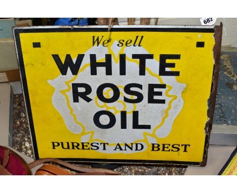 A DOUBLE SIDED WALL MOUNTED ENAMEL 'WHITE ROSE OIL' ADVERTISING SIGN, some damage, wear and loss of enamel mainly to edges, w