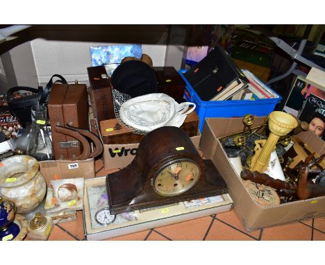 FOUR BOXES AND LOOSE METALWARES, CLOCKS, BOOKS, HATS, TABLE LAMP etc, including large resin figure, onyx lighter, ashtray, ci