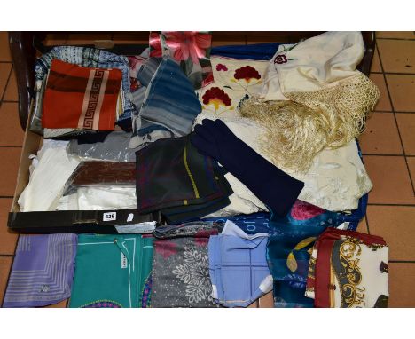 TWO BOXES OF COSTUME AND TEXTILES, including two late 19th/early 20th century embroidered shawl and table cover, approximatel