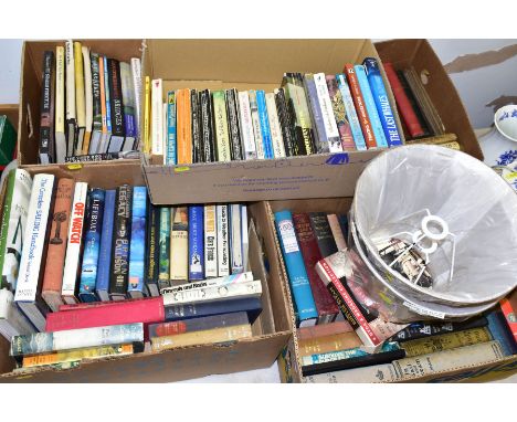 FIVE BOXES OF HARDBACK AND PAPERBACK BOOKS, subjects include antiques, ships, shaker furniture, mills, novels, etc, together 