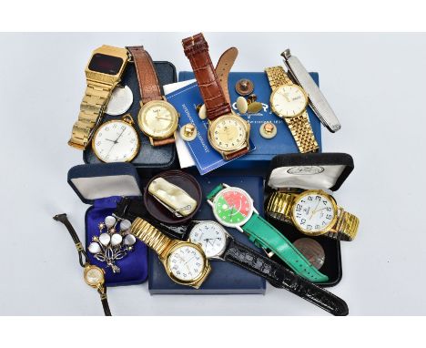 A COLLECTION OF MOSTLY QUARTZ WRIST WATCHES, to include a Timex SSQ LED watch, a gents gold plated Rotary, together with orig