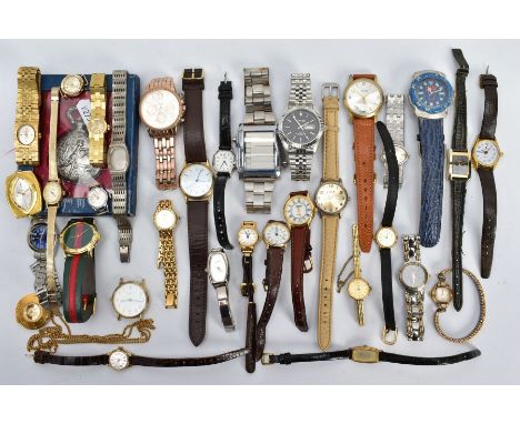 A BOX OF LADIES AND GENTS WRISTWATCHES, to include a variety of mainly quartz watches in various colours and designs, to incl