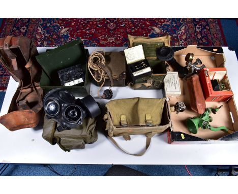 LARGE BOX OF ITEMS AND LOOSE BOXES OF A MILITARY INTEREST, some miscellaneous items, canvas bags, etc, first aid dressing, sm