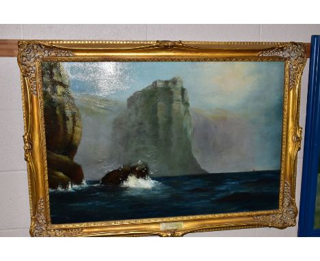IN THE MANNER OF HENRY MOORE (BRITISH 1831-1895) 'Helioland Bight' seascape with outcrops of rocks and sea stacks, seagulls o