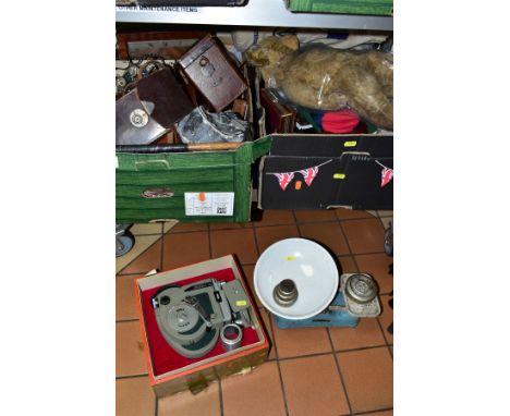 TWO BOXES AND LOOSE COLLECTABLES, including cased and boxed cameras/movie cameras, a set of Weylux scales and six weights, as