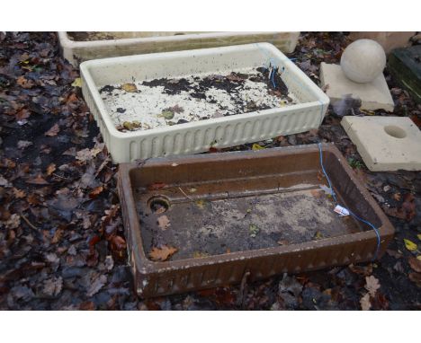 TWO VINTAGE SHALLOW GLAZED SINKS, largest sink size 107cm x 63cm x height 17cm