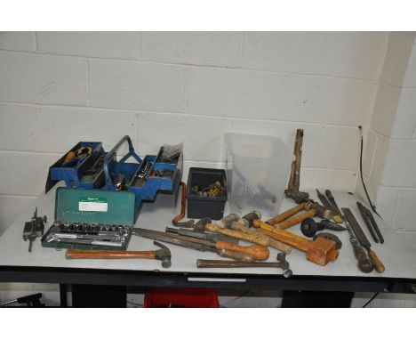 A SELECTION OF ENGINEERING AND BUILDERS TOOLS including hide mallets, planishing hammers, a socket set, tin snips etc