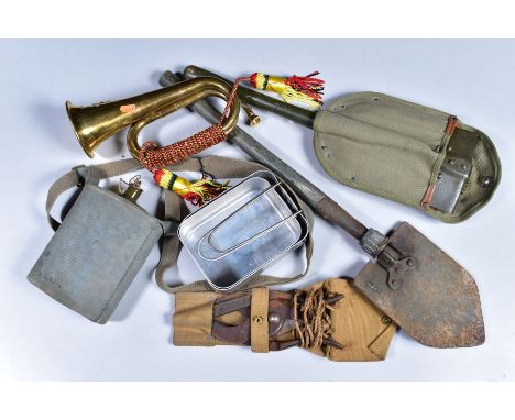 BOX CONTAININT VARIOUS MILITARIA, as follows two WWII era US issue folding trench shovels, one in original canvas holder, WWI