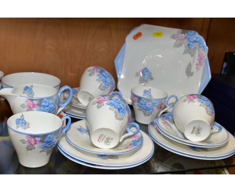 A SHELLEY 'IDEAL CHINA C.R.0708' PART TEA SET, printed and tinted with pink and blue flowers with grey leaves, comprising twi