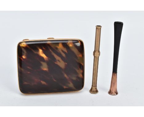 A GOLD MOUNTED TORTOISESHELL CIGARETTE CASE, GOLD MOUNTED CHEROOT AND A RETRACTABLE PENCIL, the hinged tortoiseshell case wit