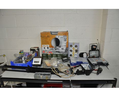 A SELECTION OF ELECTRICAL TOOLS AND ACCESSORIES including a Monoc voltmeter, various meter dials, a camping satelite dish, a 