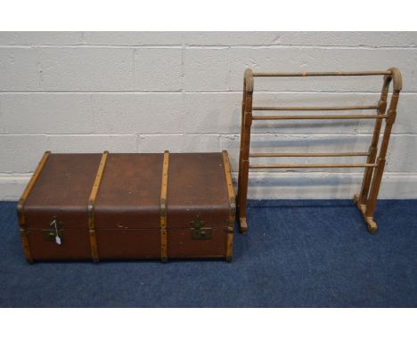 A VINTAGE TRAVELING TRUNK, together with a beech towel rail (2)