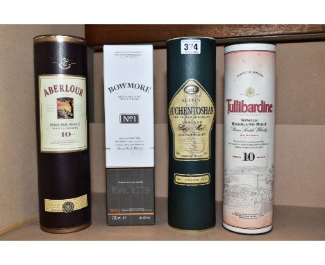 FOUR BOTTLES OF SINGLE MALT comprising one bottle of Tullibardine aged 10 years, 40% vol. 70cl, fill level mid-neck, one bott