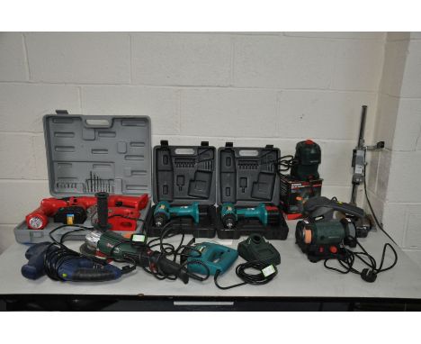 A COLLECTION OF POWER TOOLS including a Parkside mini bench grinder, drill sharpener, angle grinder, a DP jigsaw, two 7.2v co