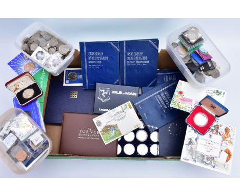 A LARGER BOX OF MAINLY UK COINAGE to include a tray of twenty four Queen Elizabeth II crown size coins representing different