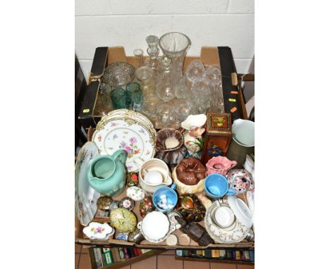 TWO BOXES OF GLASS AND CERAMICS, to include Royal Crown Derby 'Derby Posies' 26cm plate (seconds), serving plate, sugar bowl 