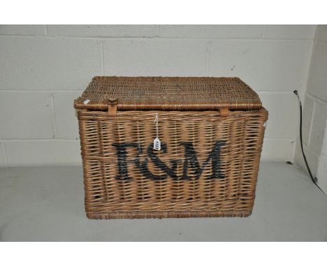A FORTNAM AND MASON HAMPER with leather straps and wicker handles, width 60cm x depth 40cm x height 40cm&nbsp; Conditiion Rep