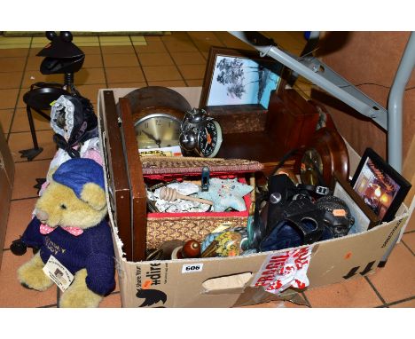 A BOX AND LOOSE SUNDRY ITEMS, to include clocks, barometer, jolly money bank, Empire Dominoes, pictures, an Olympus-35SP came