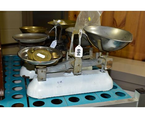 THREE PAIRS OF BALANCE SCALES, one Avery set, the other two unmarked, all with some weights