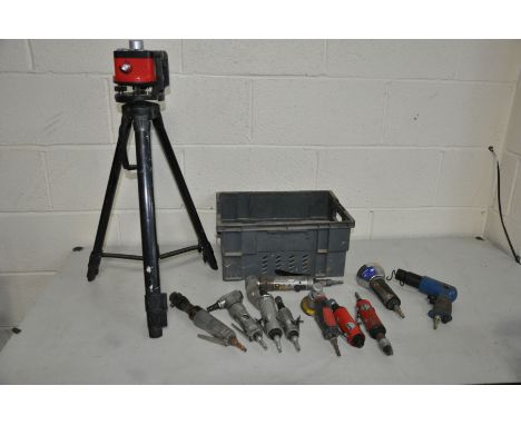 A TRAY CONTAINING PNEUMATIC TOOLS, including two Clarke die grinders, Silverline disc cutter, die grinder, Knibbler, etc, and
