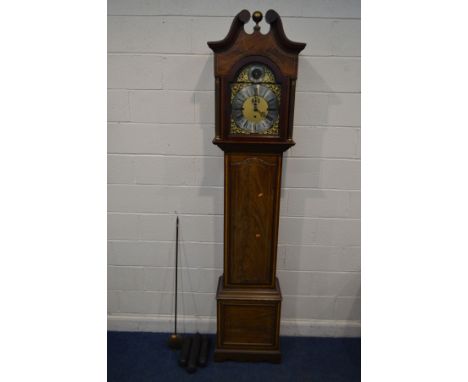 AN EARLY 20TH CENTURY EIGHT DAY AND TRIPLE WEIGHT MAHOGANY AND INLAID LONGCASE CLOCK, the hood with a swan neck pediment and 