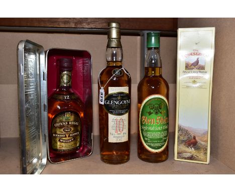 WHISKY, two bottles of Single Malt and two bottles of blended whisky comprising one bottle of Glengoyne 10 year old Single Ma