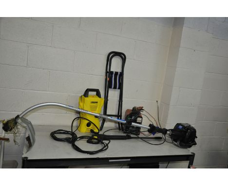 A KARCHER K2.130 PRESSURE WASHER (PAT fail due to exposed wires), a folding stool and a Clarke BC 130 battery charger (PAT fa