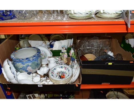 THREE BOXES OF CERAMICS AND GLASSWARE, including a set of six Aynsley 'Pembroke' soup bowls, a pair of Coalport 'Junetime', t