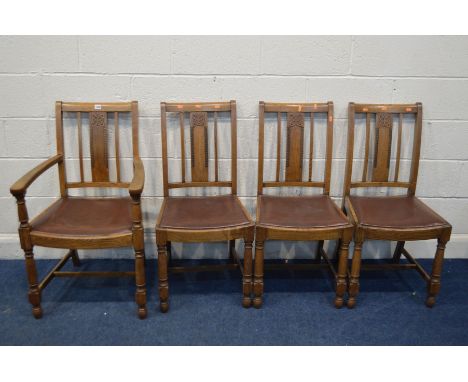 A SET OF FOUR 1940'S OAK DINING CHAIRS, including one carver and a chrome adjustable floor standing light (5)