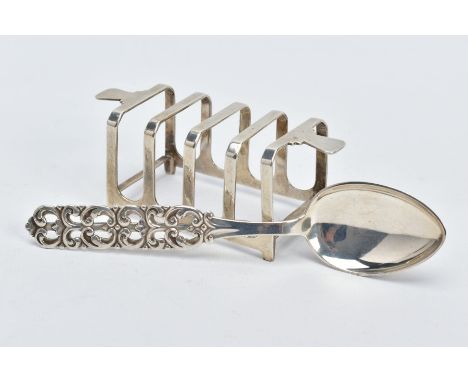 A SILVER TOAST RACK AND SPOON, the toast rack of a plain polished design, hallmarked Sheffield 1944 'Mappin &amp; Webb', toge