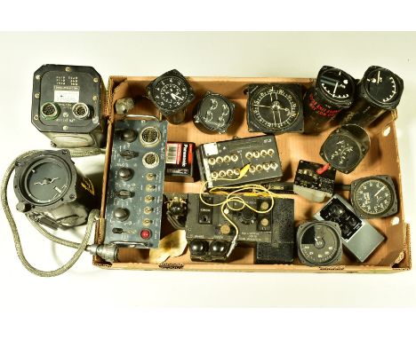 A BOX OF MANY WWII ERA AND POST WAR AIRCRAFT DEVICES AND ELECTRICAL SWITCH SYSTEMS etc, Gyro Compass MKIV S, Horizon Gyro M 3