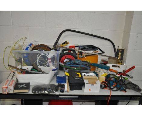 A SELECTION OF HANDTOOLS, VINTAGE POWER TOOLS, fittings etc including a Black and Decker heat gun and sander, a Sioux drill (