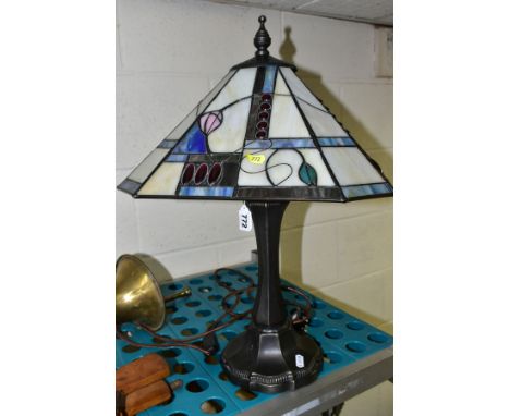 A MODERN TIFFANY STYLE TABLE LAMP, rectangular shade with chamfered corners, height approximately 55cm, working not PAT teste