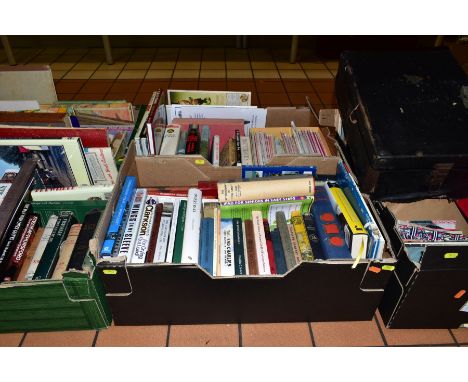 FIVE BOXES OF BOOKS, MAGAZINES, LP'S, SINGLES, DVDS, etc, including locomotive interest, Ordnance Survey 1:50 000 series, etc