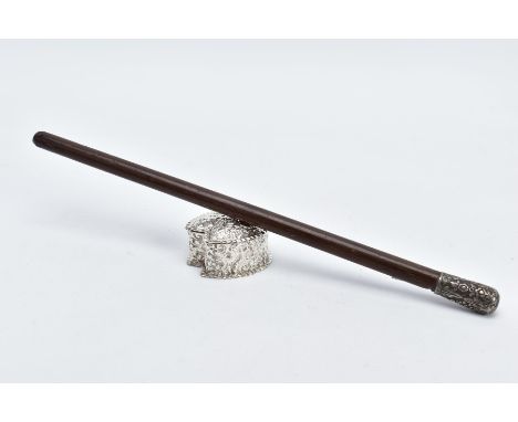 A SILVER TRINKET BOX AND BATON, the trinket of a horse shoe form, foliate and scroll embossed decorations with frill rim, gil