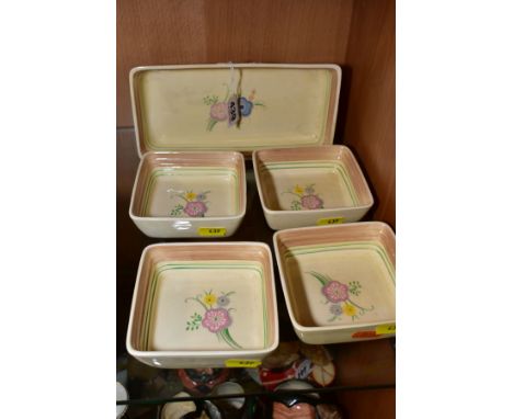 CLARICE CLIFF FOR WILKINSON LTD, a five piece hors d'oeuvre set, comprising four square dishes 10.5cm x 10.5cm, and a rectang