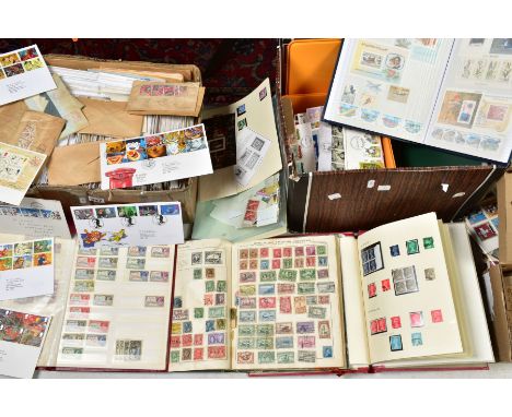 LARGE COLLECTION OF STAMPS IN TWO BOXES, mainly GB first day covers in one box, the other box with loose and five albums, int