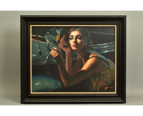 FABIAN PEREZ (ARGENTINA 1967), 'Glamour VI' depicting a female applying make-up in a vintage car wing mirror, signed lower ri
