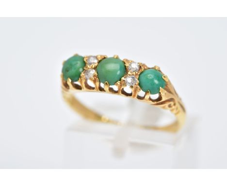 AN EARLY 20TH CENTURY 18CT GOLD TURQUOISE AND DIAMOND RING, designed with a row of three cabochon turquoise, interspaced with