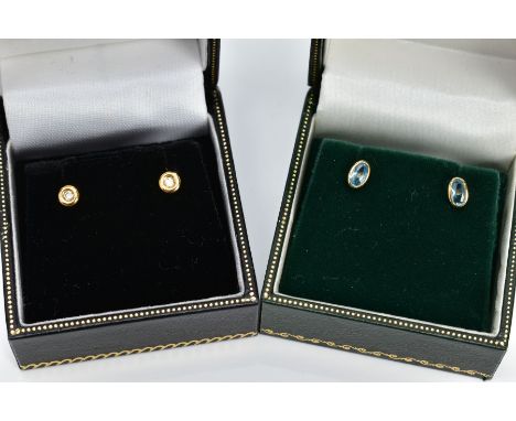 TWO PAIRS OF 9CT GOLD GEM SET EARRINGS, the first pair each designed with a round brilliant cut diamond within a collet mount