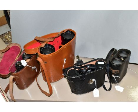 FOUR CASED SETS OF BINOCULARS, to include a Varres set marked 8 and containing a compass to the front barrelbridge, all are i