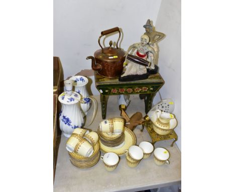 A LATE VICTORIAN PALE YELLOW BONE CHINA PART TEA SET, brass trivet, a copper kettle with acorn finial, a canal ware painted w