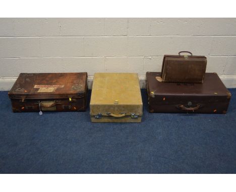 A VINTAGE BROWN LEATHER SUITCASE with travel labels, together with a cream ladies suitcase, another suitcase and a handbag (4