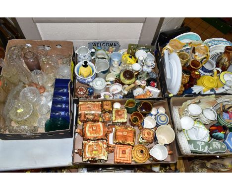 FIVE BOXES AND LOOSE CERAMICS AND GLASSWARE, including a small quantity of Cloverleaf Cornish kitchenware, Cottage ware, Wedg