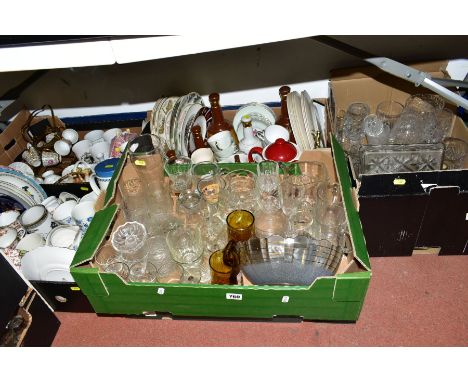 SIX BOXES OF CERAMICS AND GLASSWARE, including a Colclough China tea set, Wade Bells Whisky decanters, colliery commemorative