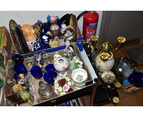 THREE BOXES AND LOOSE ASSORTED ITEMS, to include Bristol Blue glass, Royal Doulton Fair Lady HN2193, Royal Worcester 'Crinoli
