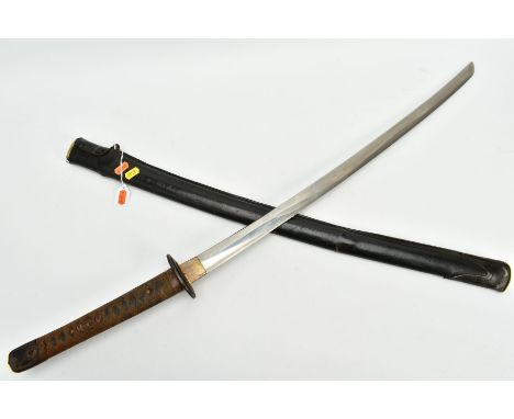 A BELIEVED WWII ERA IMPERIAL JAPANESE 'SHIN-GUNTO' OFFICERS SWORD, with black leather combat cover to the scabbard, the blade